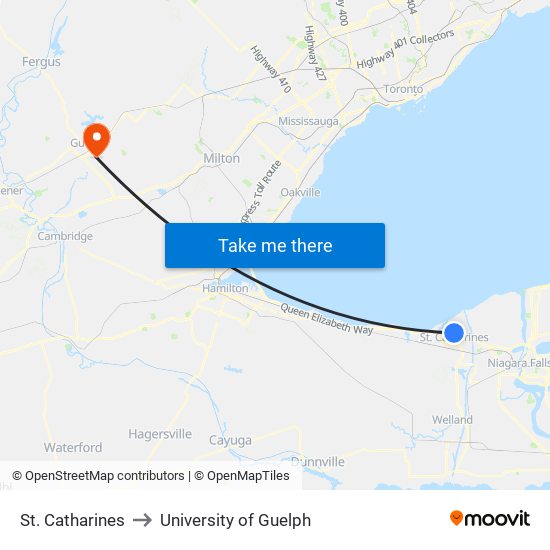 St. Catharines to University of Guelph map