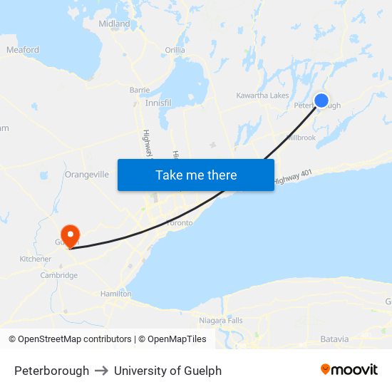 Peterborough to University of Guelph map