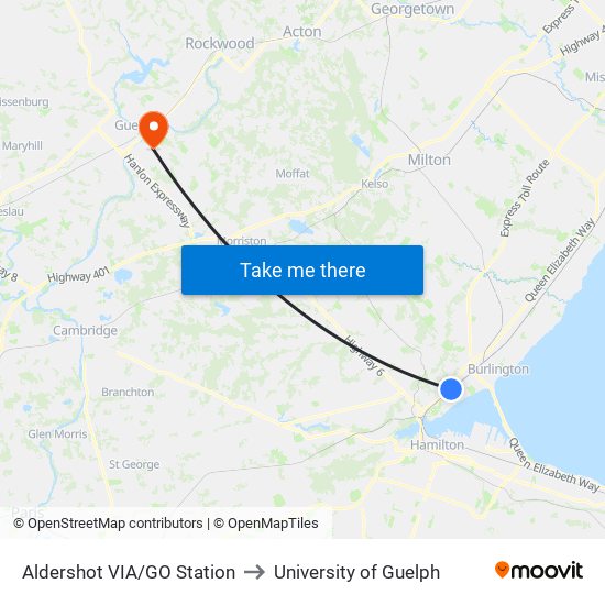 Aldershot VIA/GO Station to University of Guelph map