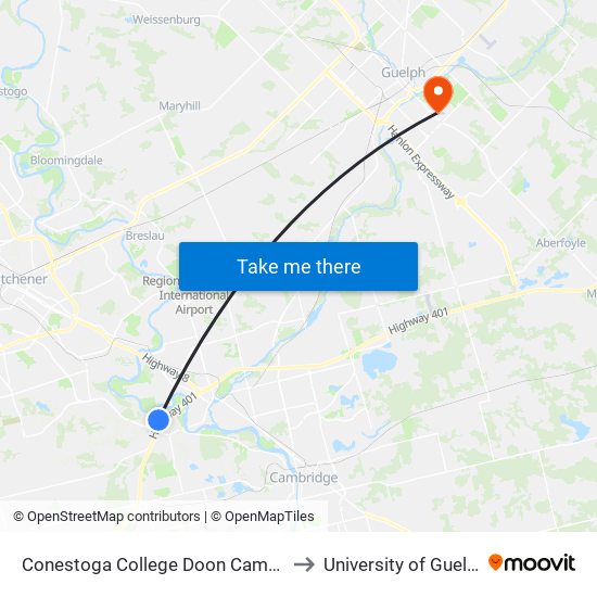 Conestoga College Doon Campus to University of Guelph map