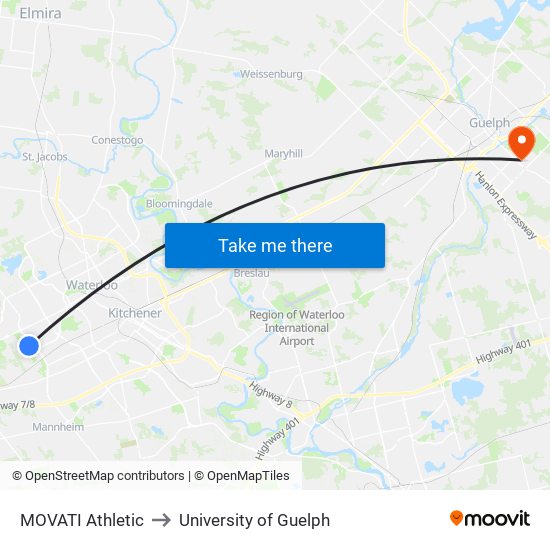 MOVATI Athletic to University of Guelph map