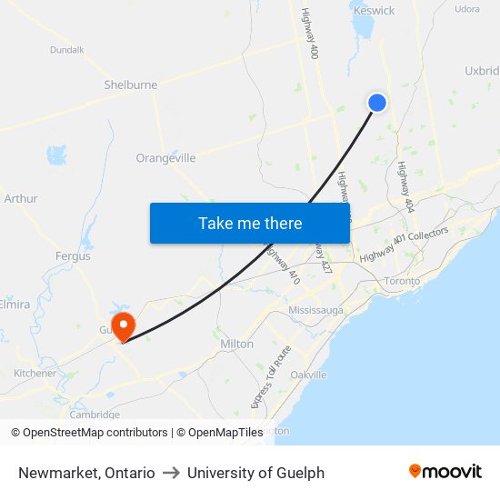 Newmarket, Ontario to University of Guelph map