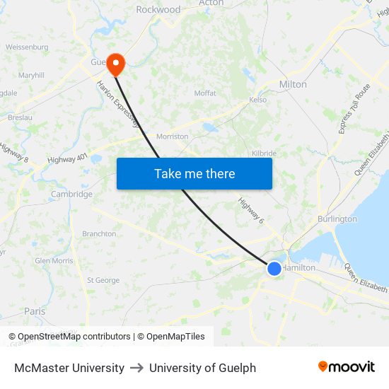 McMaster University to University of Guelph map