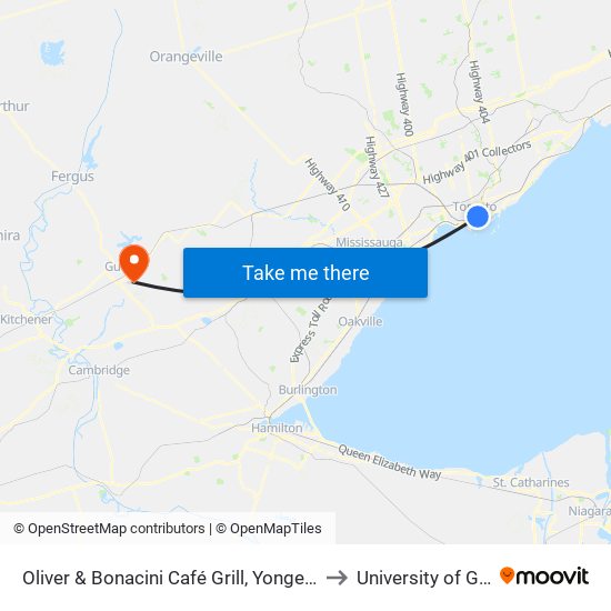 Oliver & Bonacini Café Grill, Yonge and Front to University of Guelph map