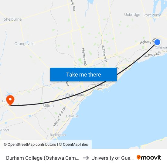 Durham College (Oshawa Campus) to University of Guelph map