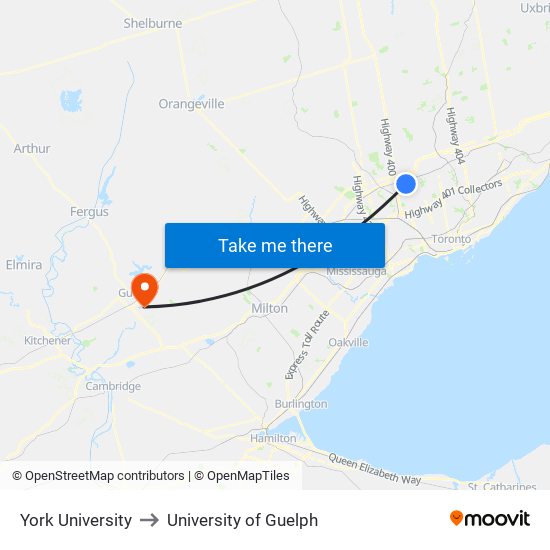York University to University of Guelph map