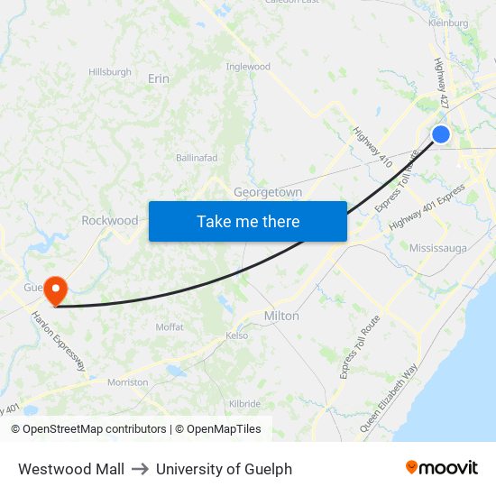 Westwood Mall to University of Guelph map