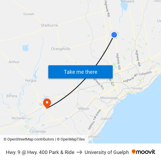 Hwy. 9 @ Hwy. 400 Park & Ride to University of Guelph map