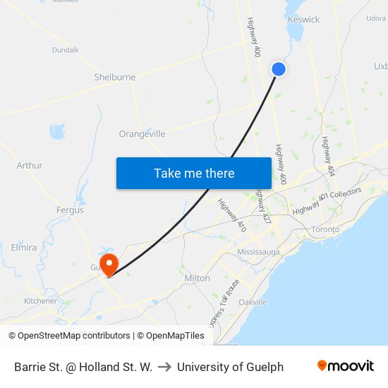 Barrie St. @ Holland St. W. to University of Guelph map