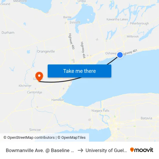 Bowmanville Ave. @ Baseline Rd. to University of Guelph map