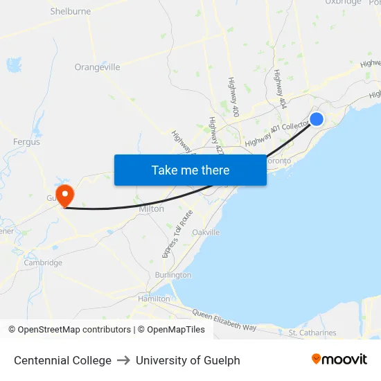 Centennial College to University of Guelph map