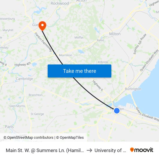 Main St. W. @ Summers Ln. (Hamilton City Hall) to University of Guelph map