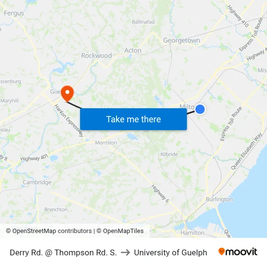 Derry Rd. @ Thompson Rd. S. to University of Guelph map