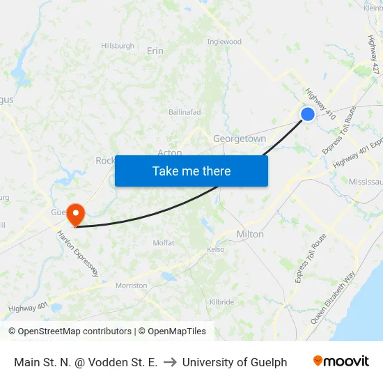 Main St. N. @ Vodden St. E. to University of Guelph map