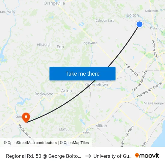 Regional Rd. 50 @ George Bolton Pkwy. to University of Guelph map