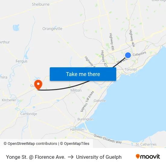 Yonge St. @ Florence Ave. to University of Guelph map