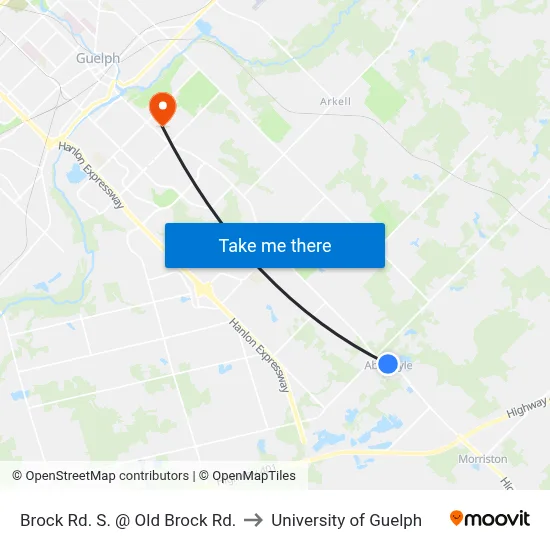 Brock Rd. S. @ Old Brock Rd. to University of Guelph map