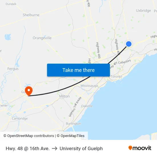 Hwy. 48 @ 16th Ave. to University of Guelph map
