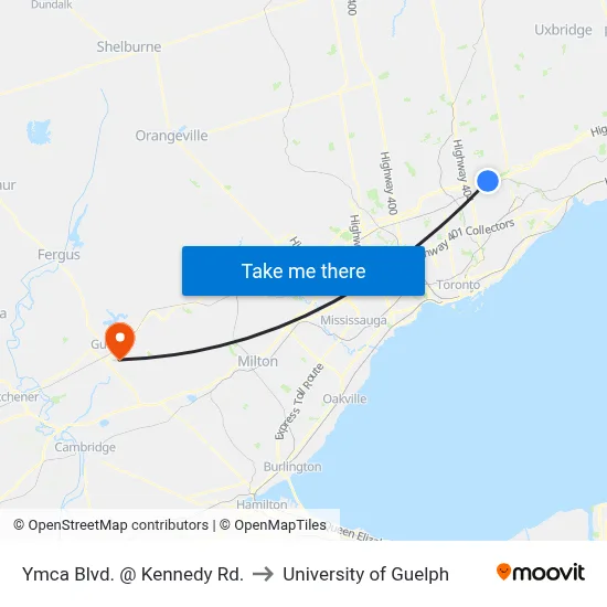 Ymca Blvd. @ Kennedy Rd. to University of Guelph map