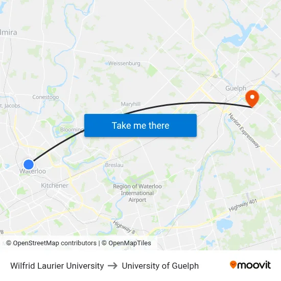 Wilfrid Laurier University to University of Guelph map