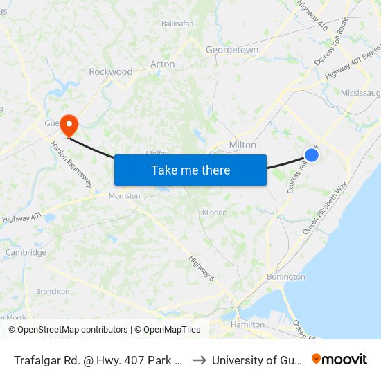 Trafalgar Rd. @ Hwy. 407 Park & Ride to University of Guelph map