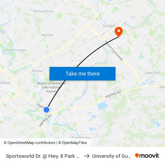 Sportsworld Dr. @ Hwy. 8 Park & Ride to University of Guelph map