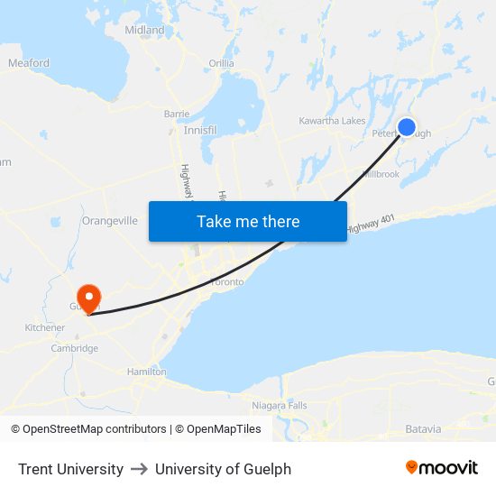 Trent University to University of Guelph map
