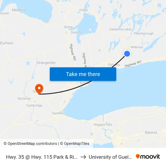 Hwy. 35 @ Hwy. 115 Park & Ride to University of Guelph map