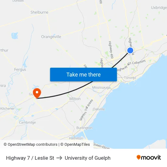 Highway 7 / Leslie St to University of Guelph map