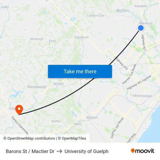 Barons St / Mactier Dr to University of Guelph map