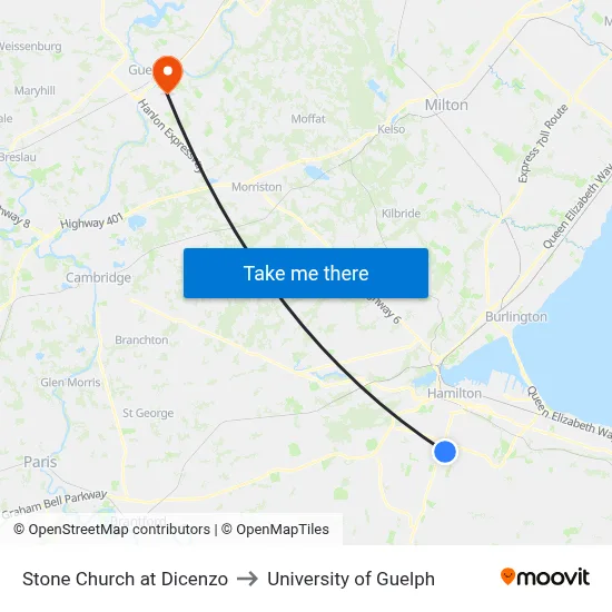 Stone Church at Dicenzo to University of Guelph map