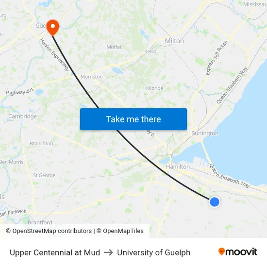 Upper Centennial at Mud to University of Guelph map