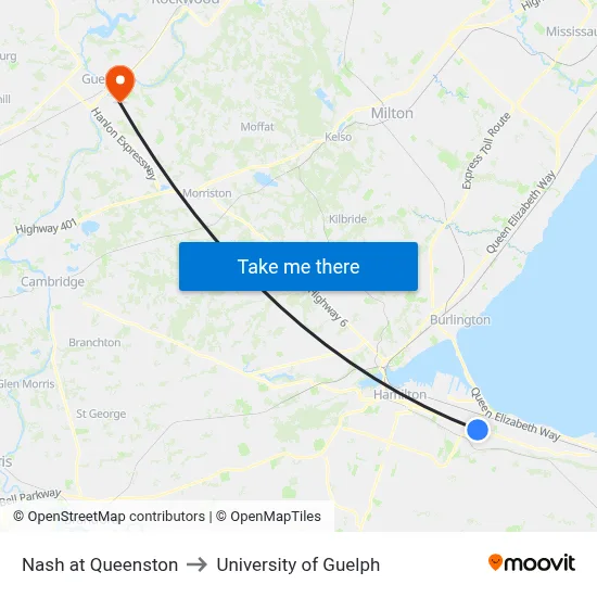 Nash at Queenston to University of Guelph map