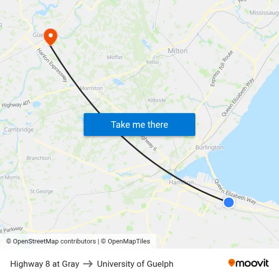 Highway 8 at Gray to University of Guelph map