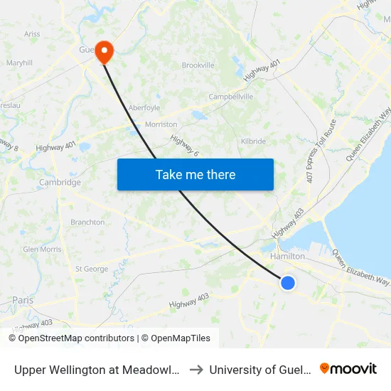 Upper Wellington at Meadowlark to University of Guelph map