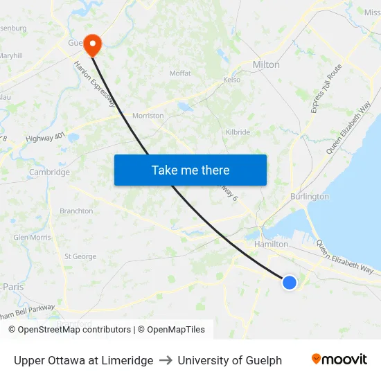 Upper Ottawa at Limeridge to University of Guelph map