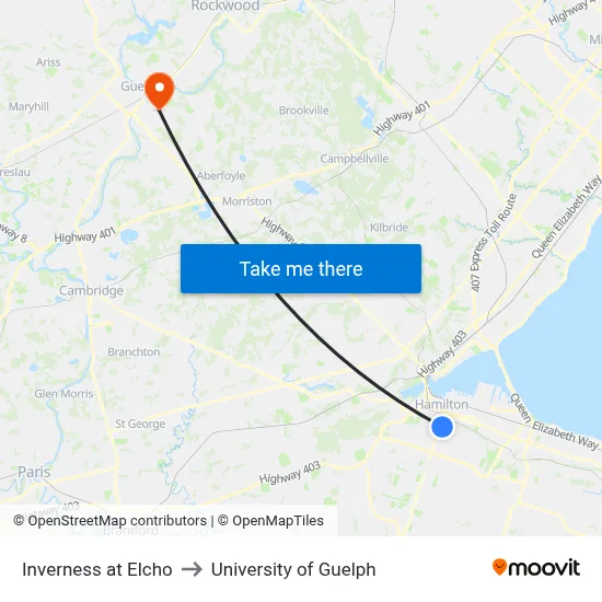 Inverness at Elcho to University of Guelph map
