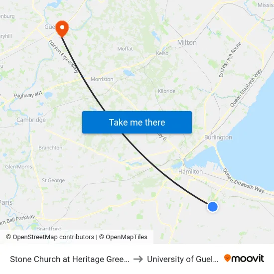 Stone Church at Heritage Greene to University of Guelph map