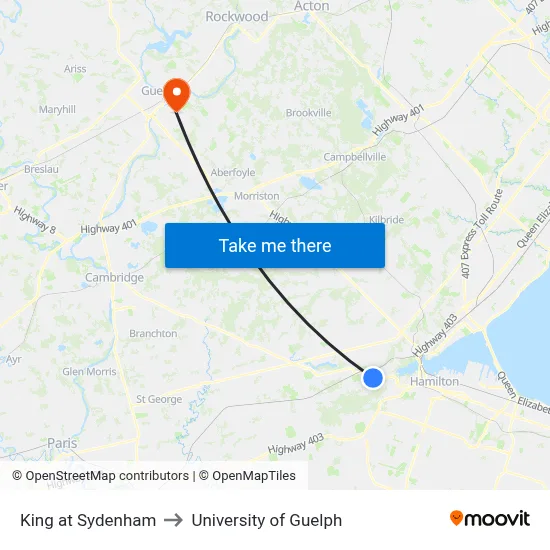 King at Sydenham to University of Guelph map