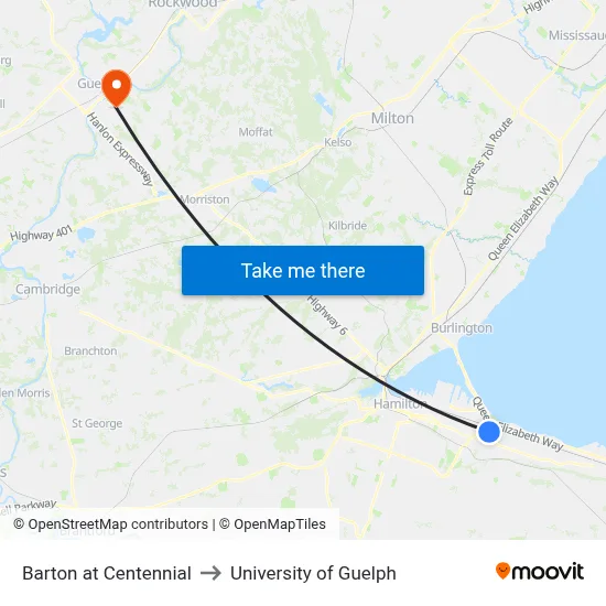 Barton at Centennial to University of Guelph map