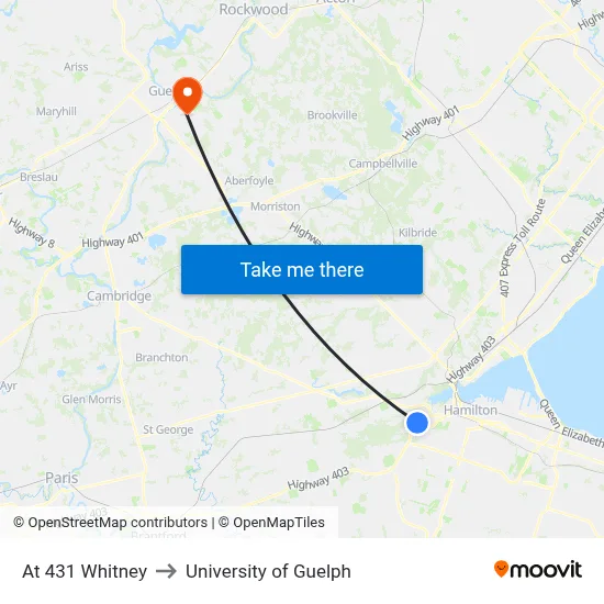 At 431 Whitney to University of Guelph map