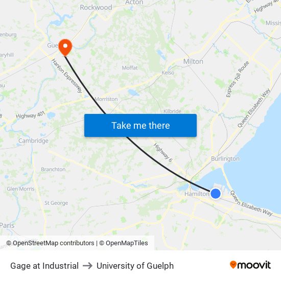 Gage at Industrial to University of Guelph map