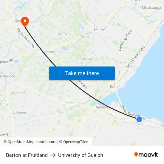 Barton at Fruitland to University of Guelph map