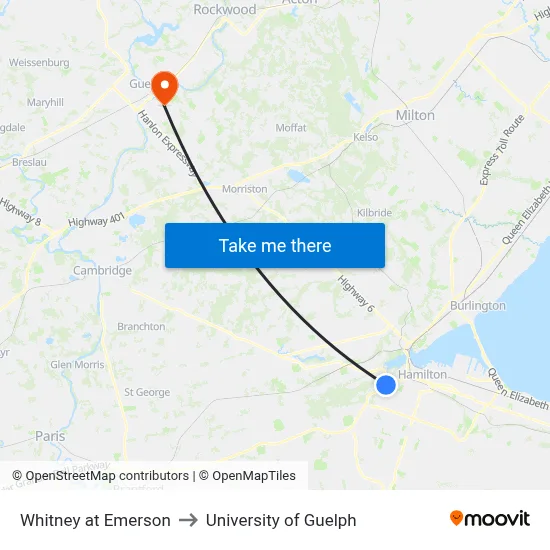 Whitney at Emerson to University of Guelph map