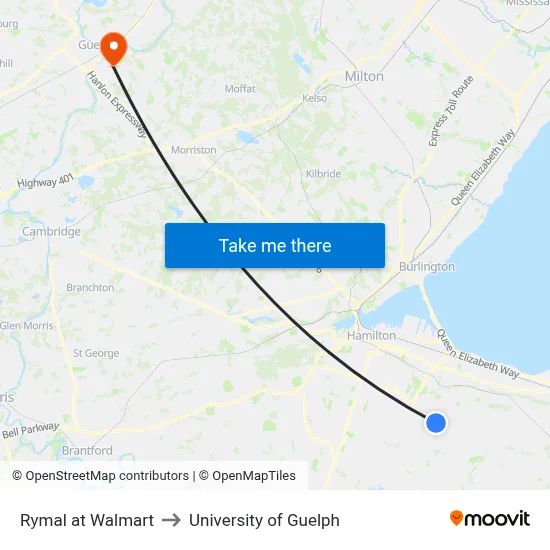 Rymal at Walmart to University of Guelph map