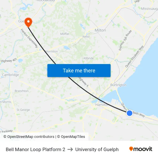 Bell Manor Loop Platform 2 to University of Guelph map