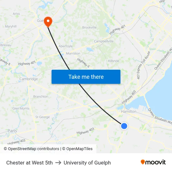 Chester at West 5th to University of Guelph map