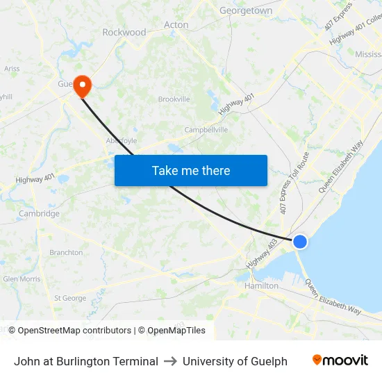 John at Burlington Terminal to University of Guelph map