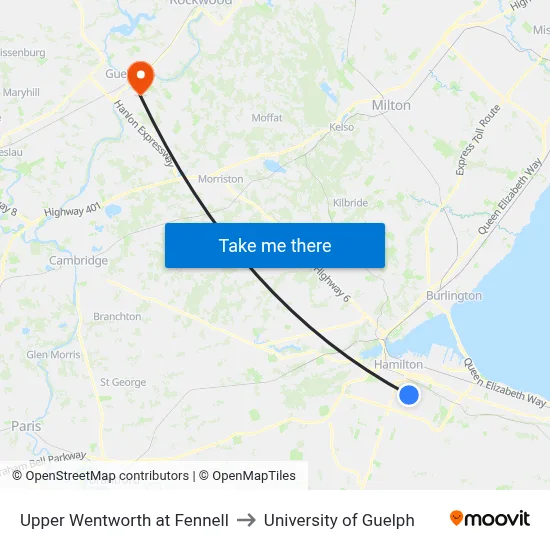 Upper Wentworth at Fennell to University of Guelph map