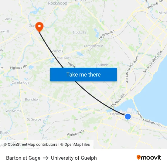 Barton at Gage to University of Guelph map